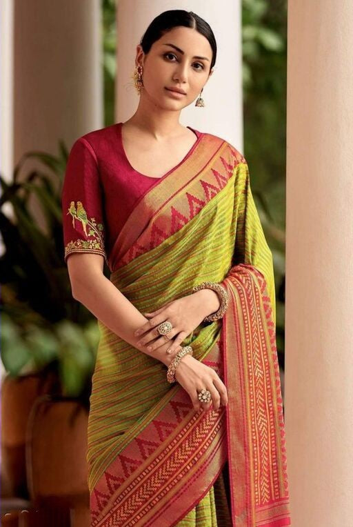 Green Red Traditional Cotton Silk Saree