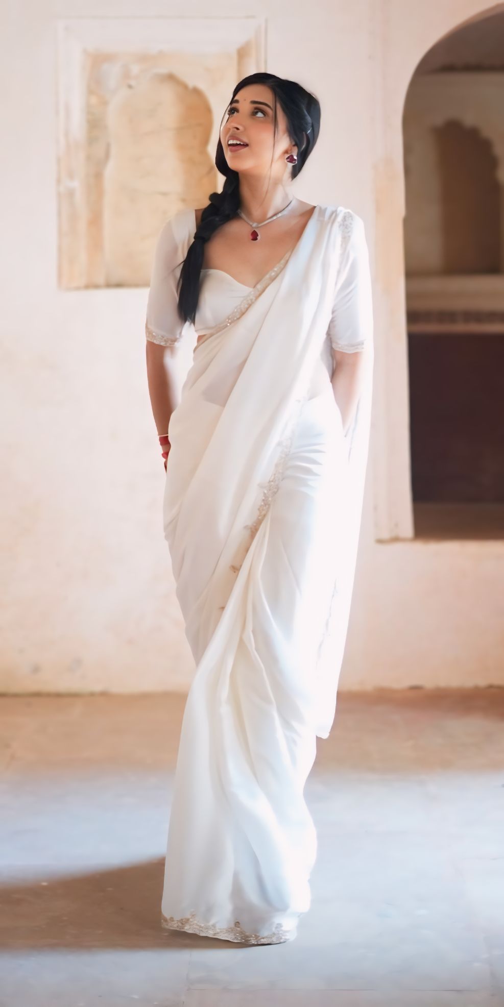 Bright White, Maroon, Bed, Black Party Wear Saree with Silver Border Work
