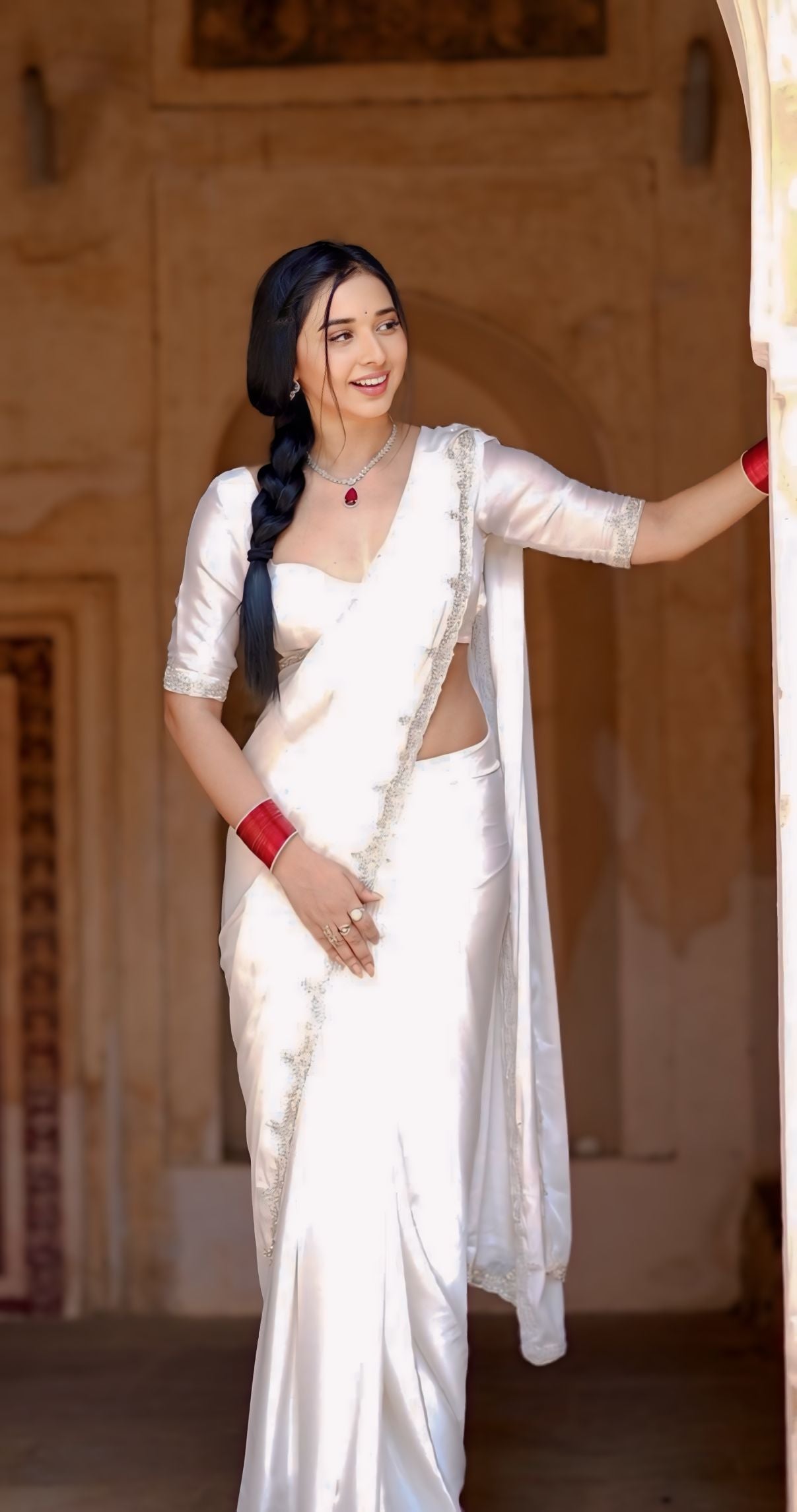 Bright White, Maroon, Bed, Black Party Wear Saree with Silver Border Work