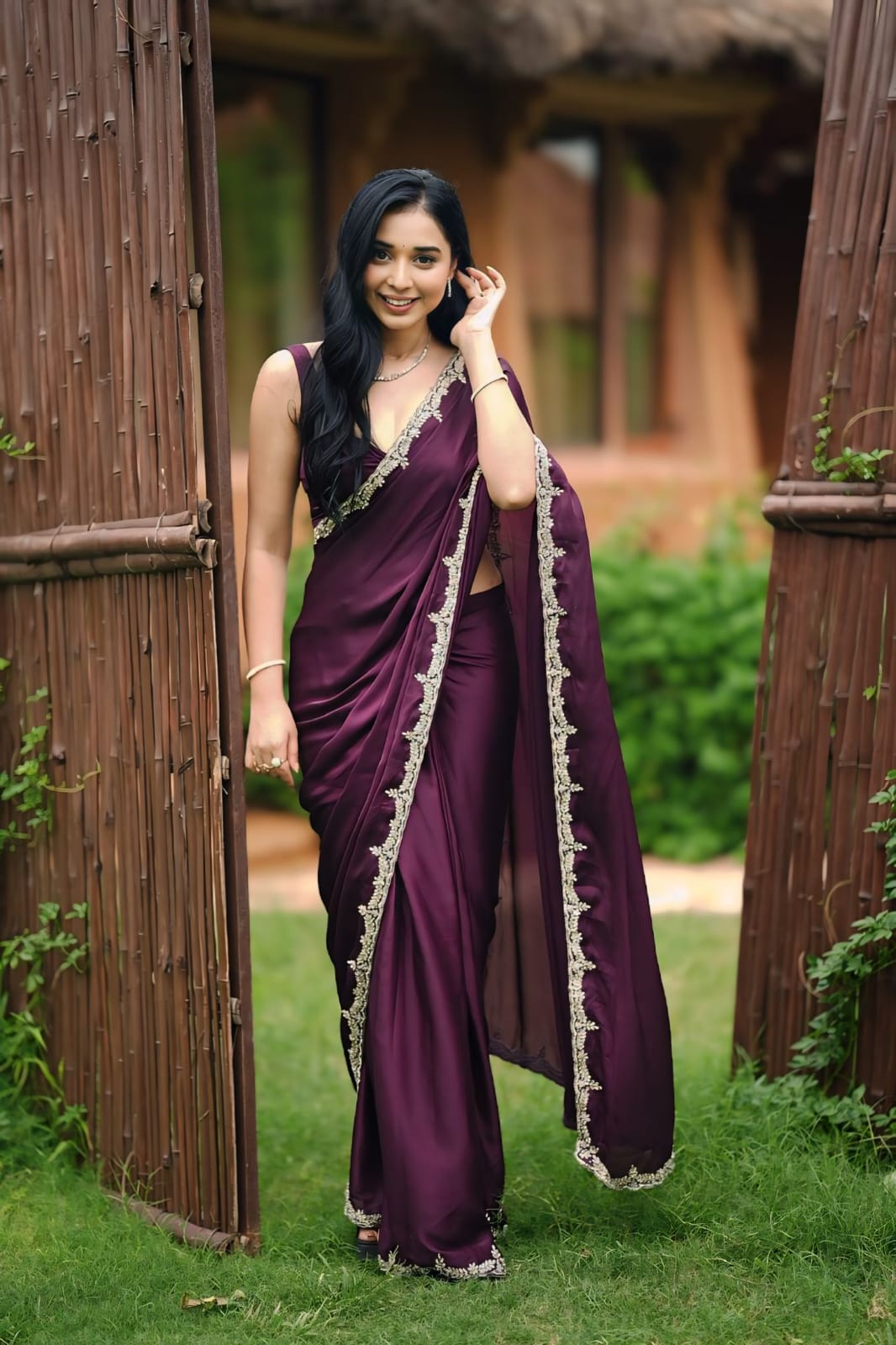 Bright White, Maroon, Bed, Black Party Wear Saree with Silver Border Work