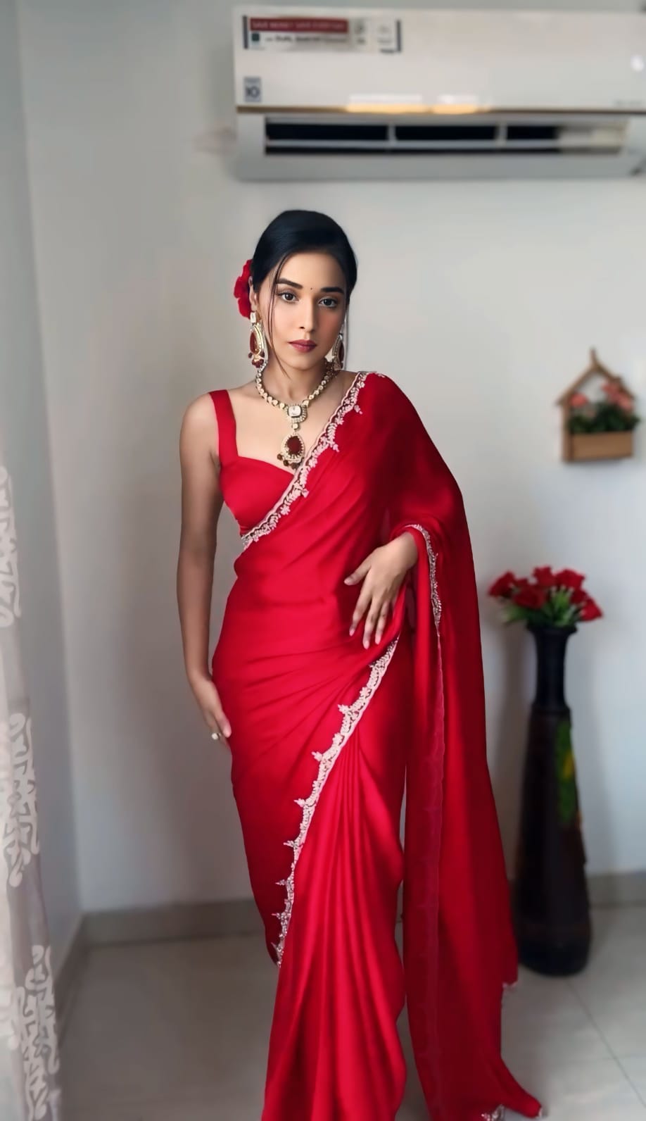 Bright White, Maroon, Bed, Black Party Wear Saree with Silver Border Work