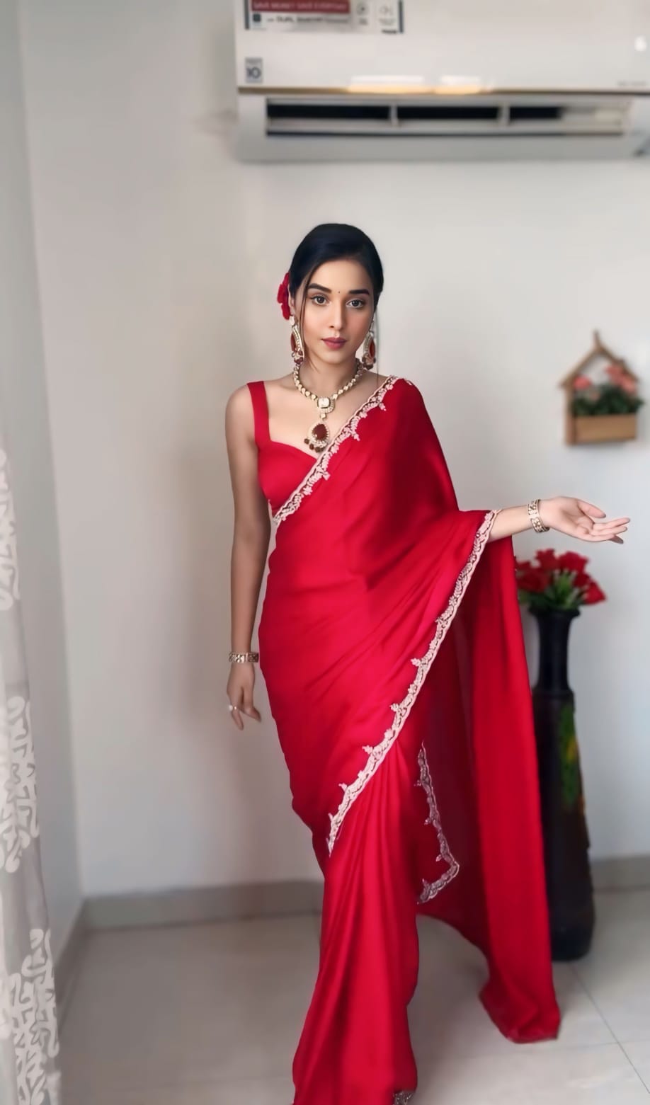 Bright White, Maroon, Bed, Black Party Wear Saree with Silver Border Work