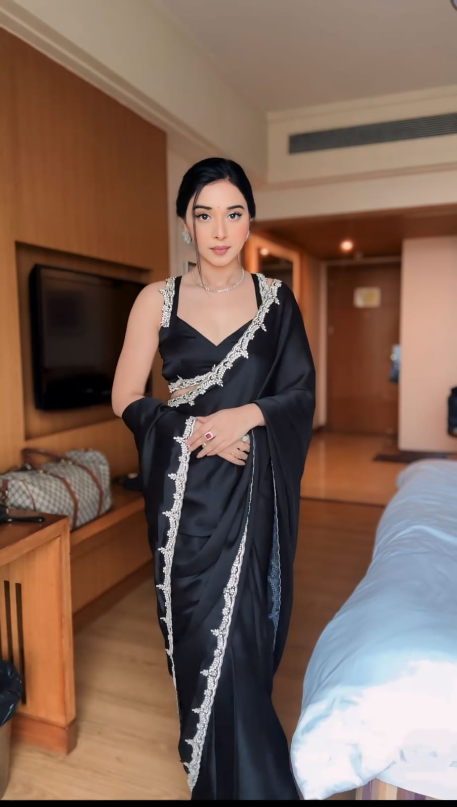 Bright White, Maroon, Bed, Black Party Wear Saree with Silver Border Work
