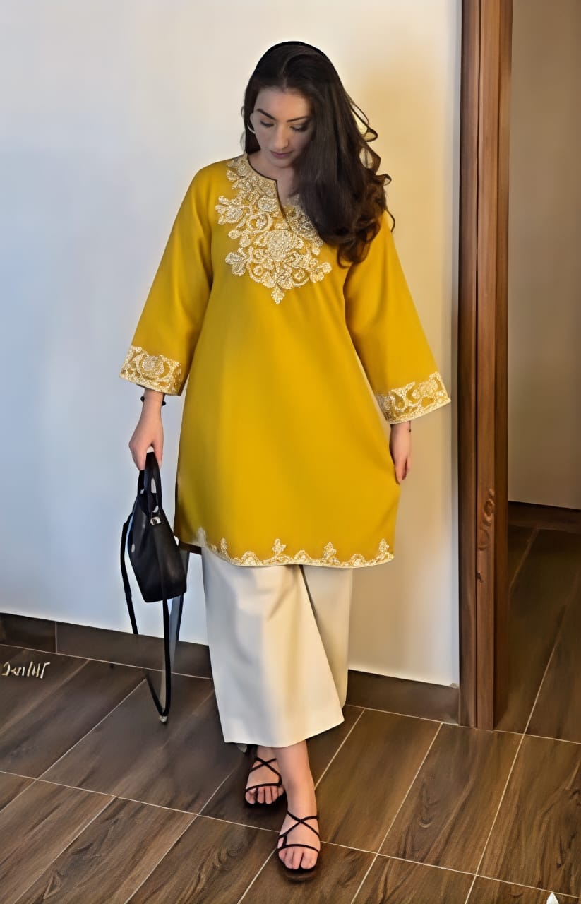 Mustard Yellow And Black Embroidered  Co-ord Set