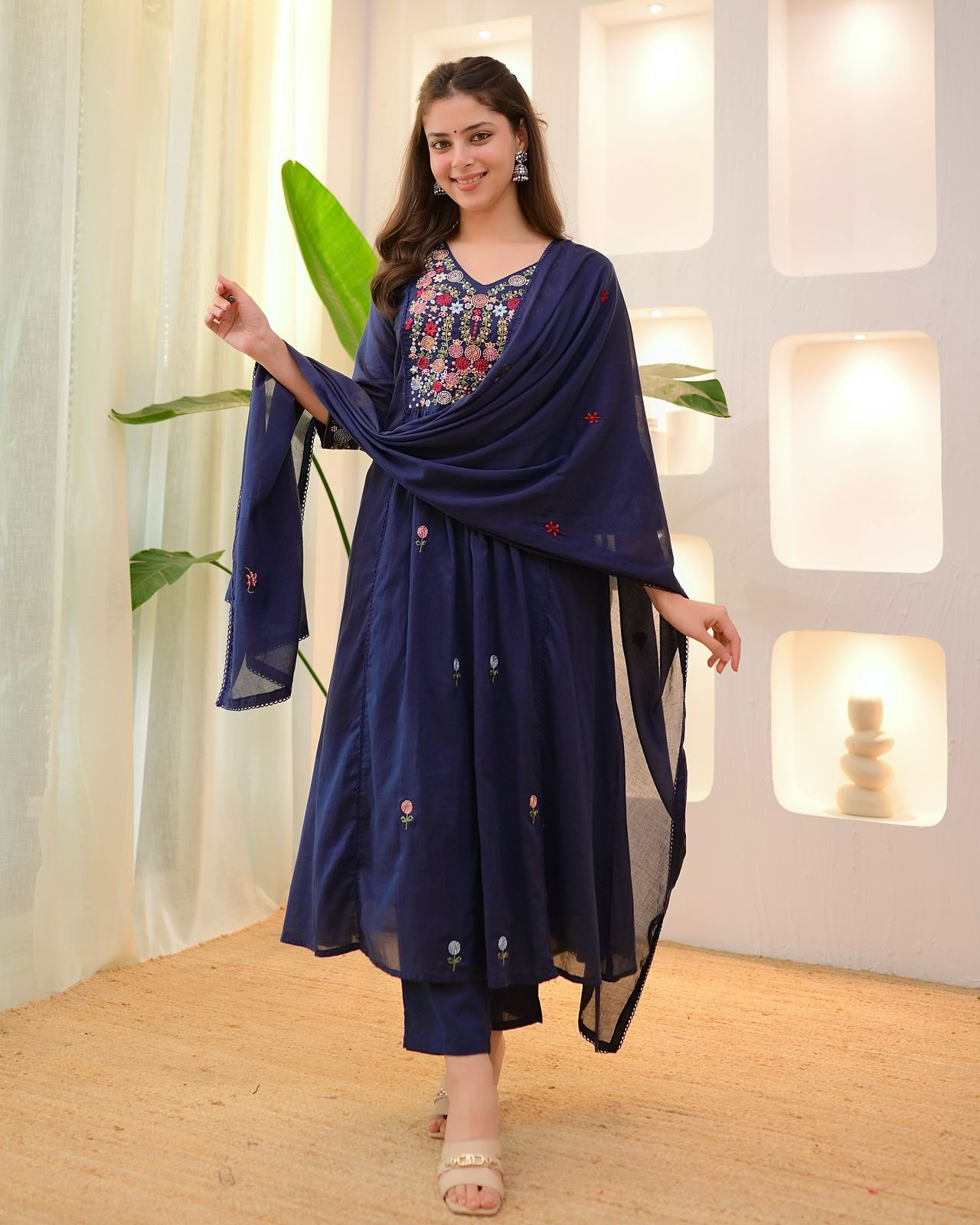 Navy Blue And Orange Kurta Pant Dupatta Set – Designer Ethnic Wear