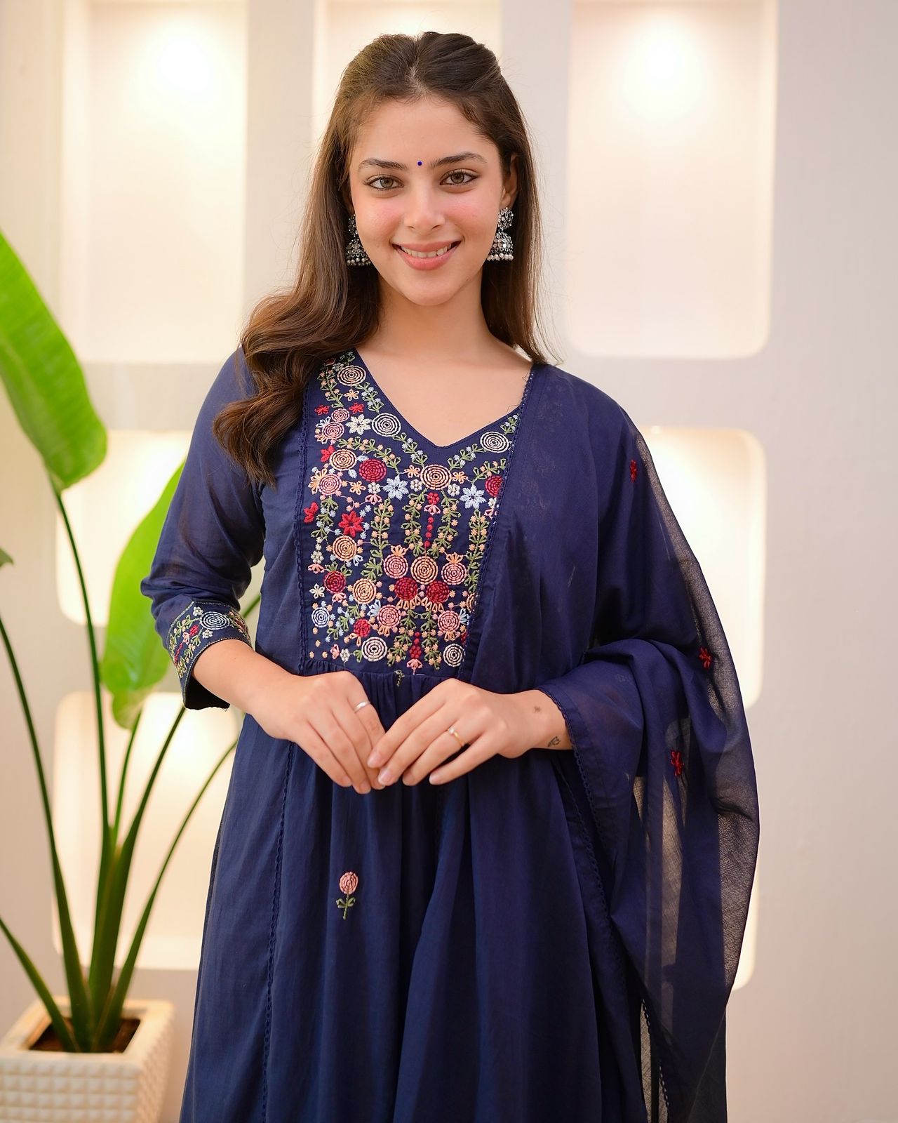 Navy Blue And Orange Kurta Pant Dupatta Set – Designer Ethnic Wear