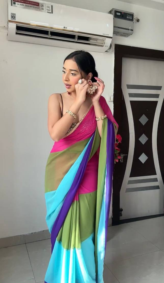 Ready To Wear Georgette Pink and Aqua Designer Saree