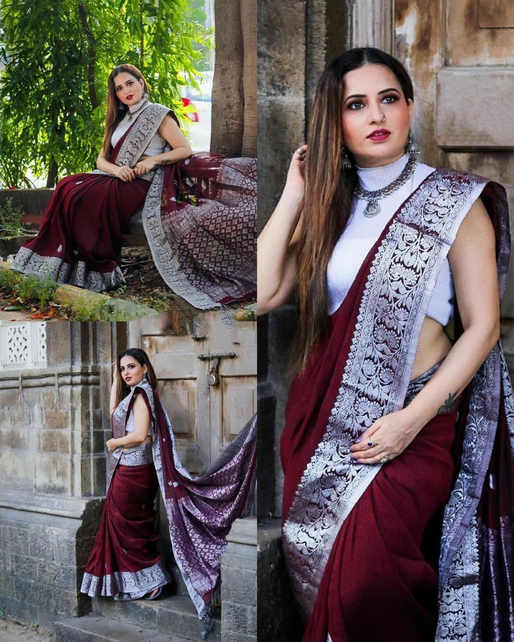 Wine Purple Designer Saree With Silver Border Work