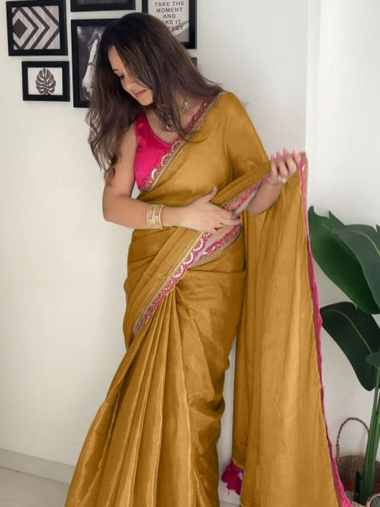 Mustard Gold, Blue Orange, Pink, White Silk Saree