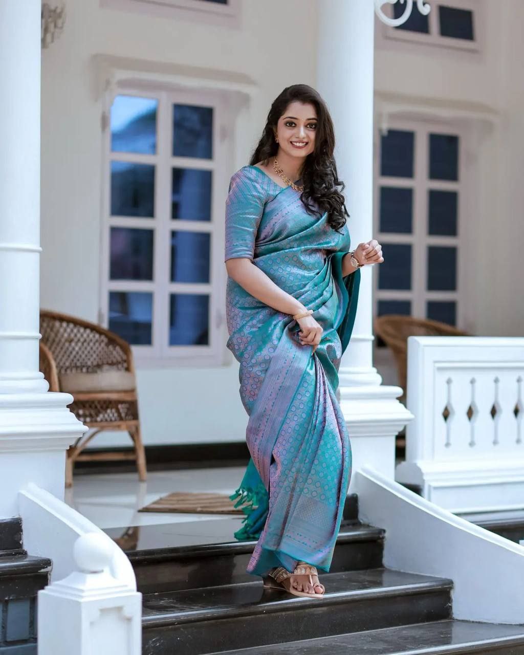 Teal Blue Soft Silk Elegant Party Wear Saree