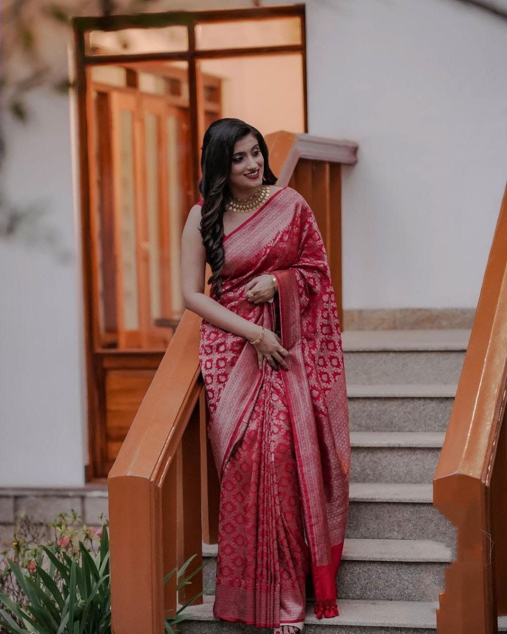 Women Red Traditional Designer Saree With Elegant Ethnic Print Border