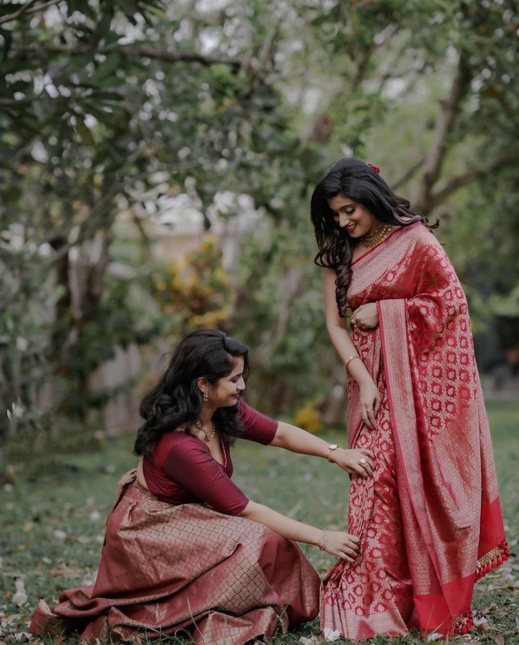 Women Red Traditional Designer Saree With Elegant Ethnic Print Border