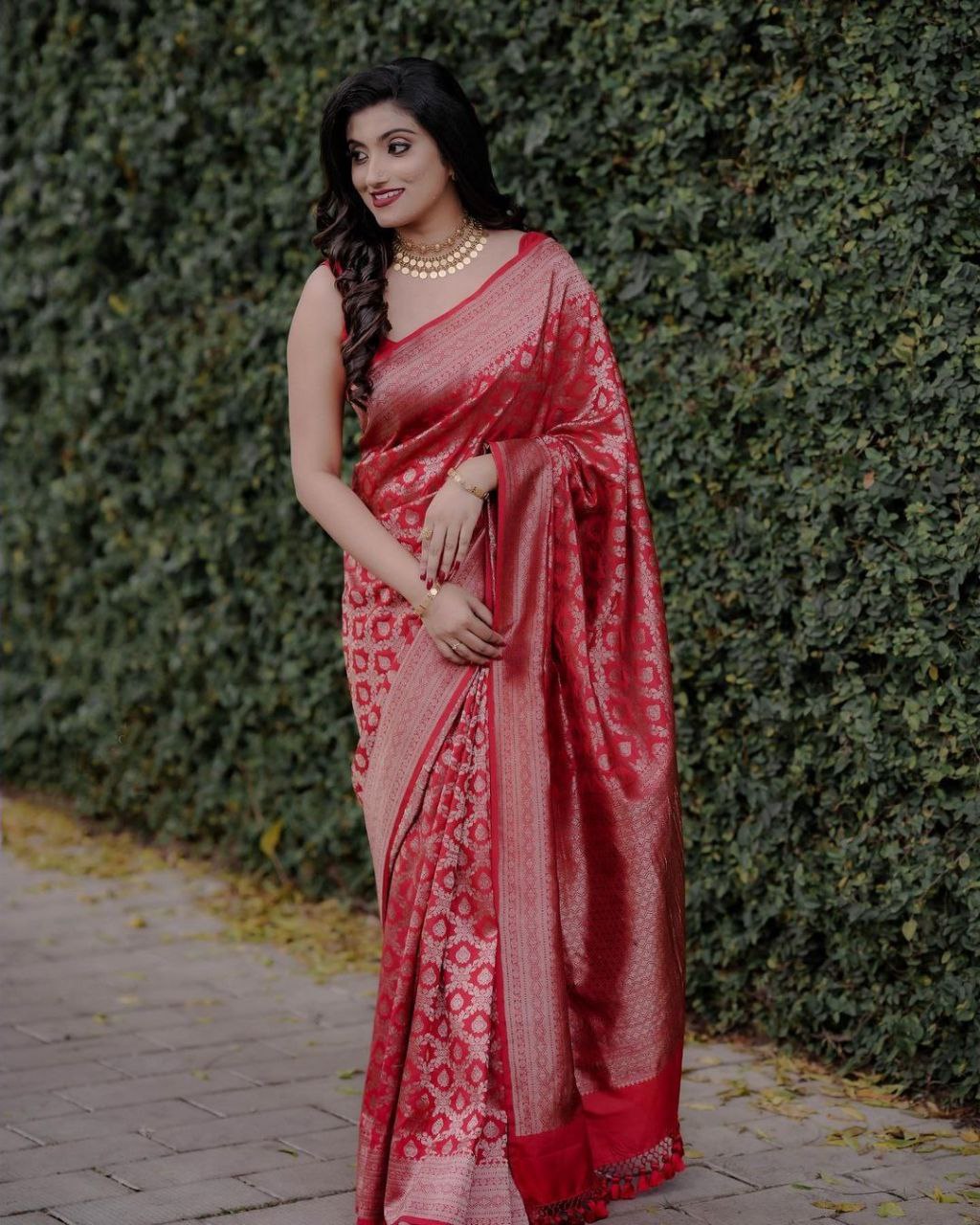 Women Red Traditional Designer Saree With Elegant Ethnic Print Border