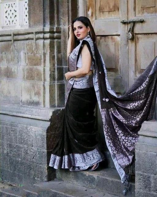 Black Designer Saree With Elegant Silver Traditional Border