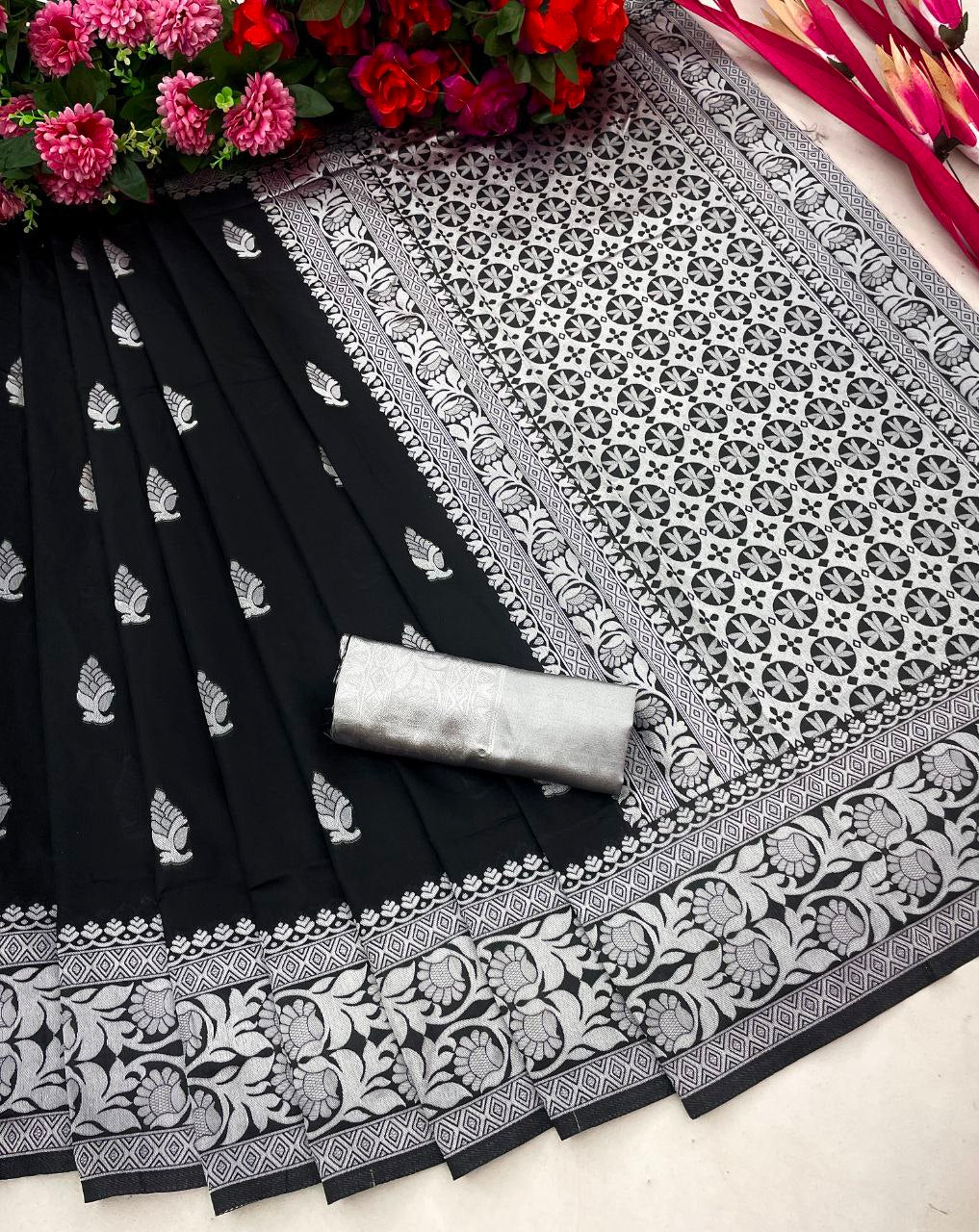 Black Designer Saree With Elegant Silver Traditional Border