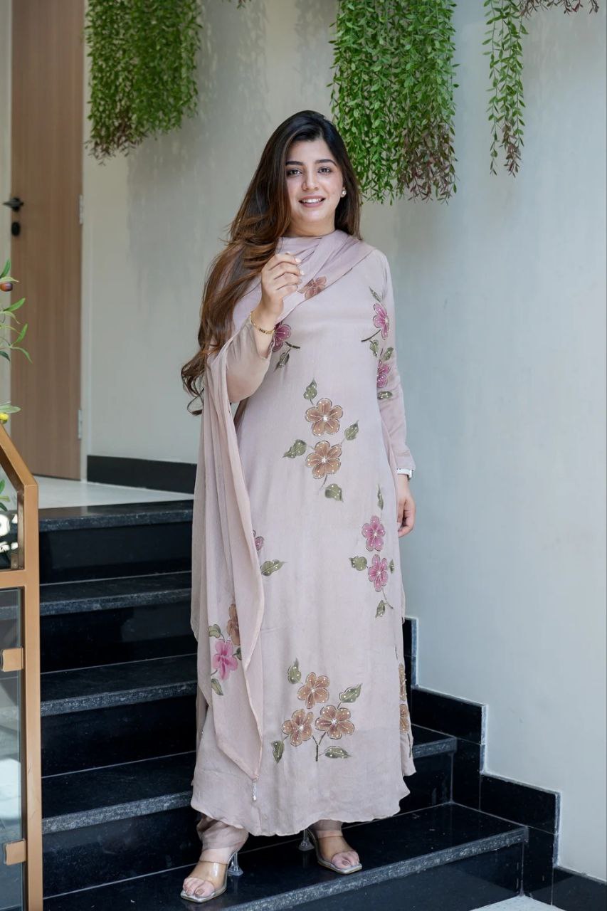 Women’s Floral Embroidered Anarkali Suit Set With Dupatta