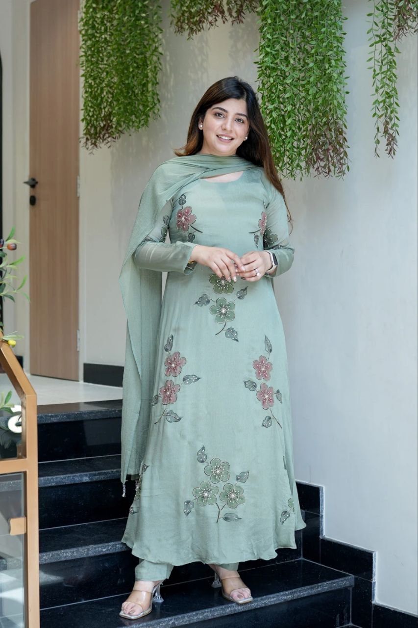 Women’s Floral Embroidered Anarkali Suit Set With Dupatta