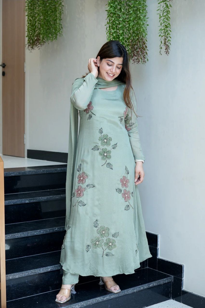 Women’s Floral Embroidered Anarkali Suit Set With Dupatta