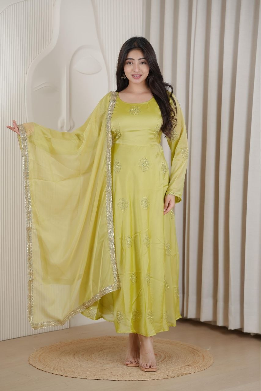 Elegant Lime Green Embroidered Anarkali Gown Set