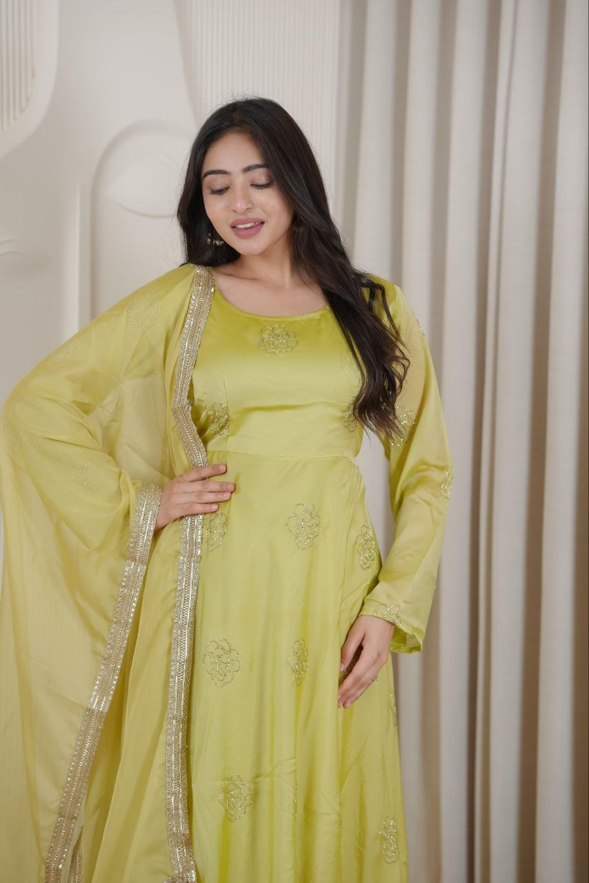 Elegant Lime Green Embroidered Anarkali Gown Set
