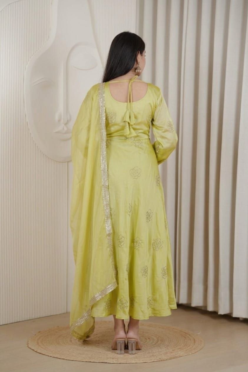 Elegant Lime Green Embroidered Anarkali Gown Set