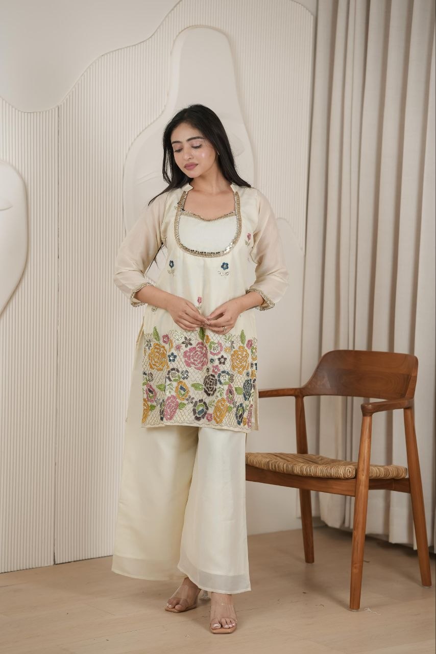 Elegant Floral Embroidered Kurta Palazzo Set