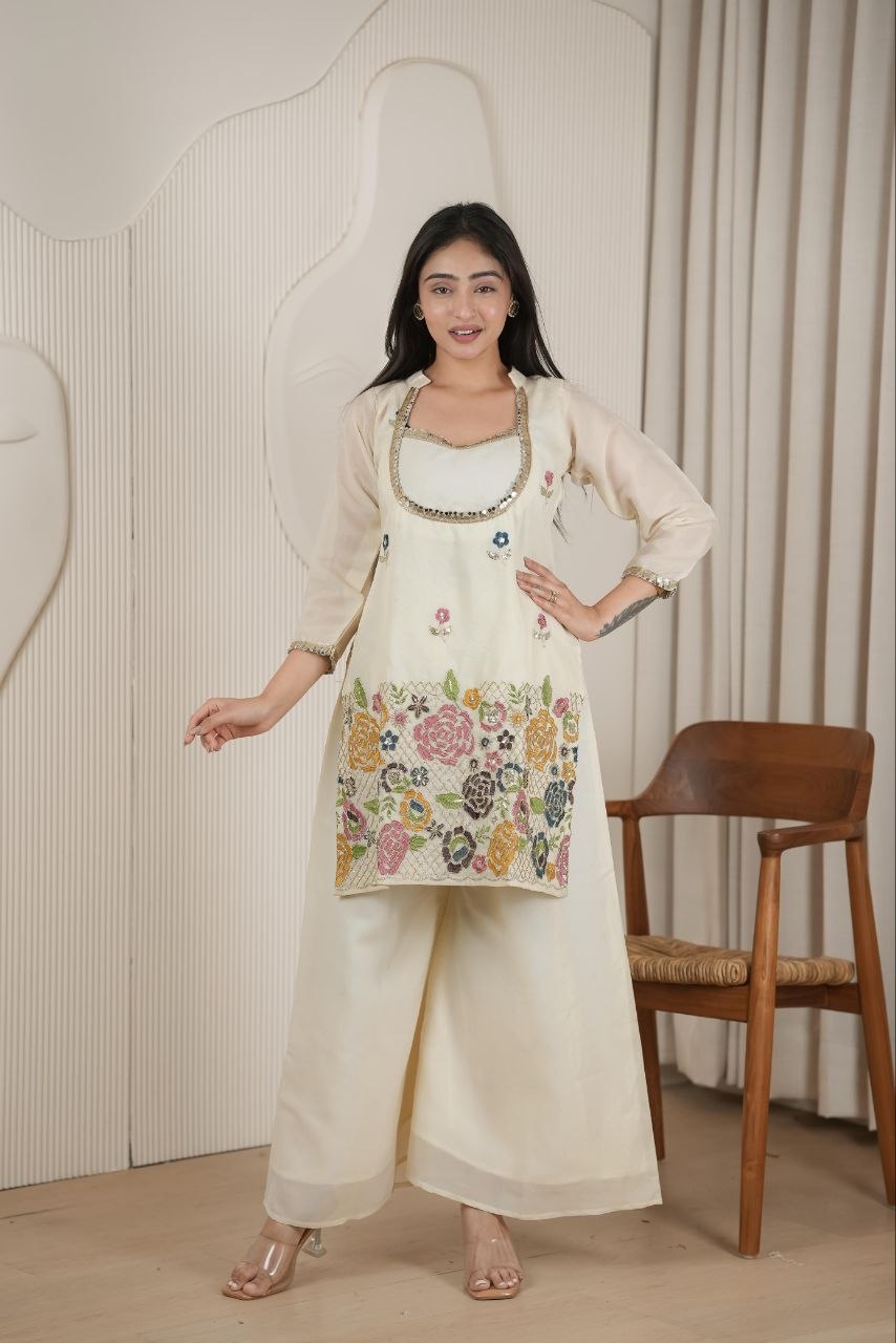 Elegant Floral Embroidered Kurta Palazzo Set