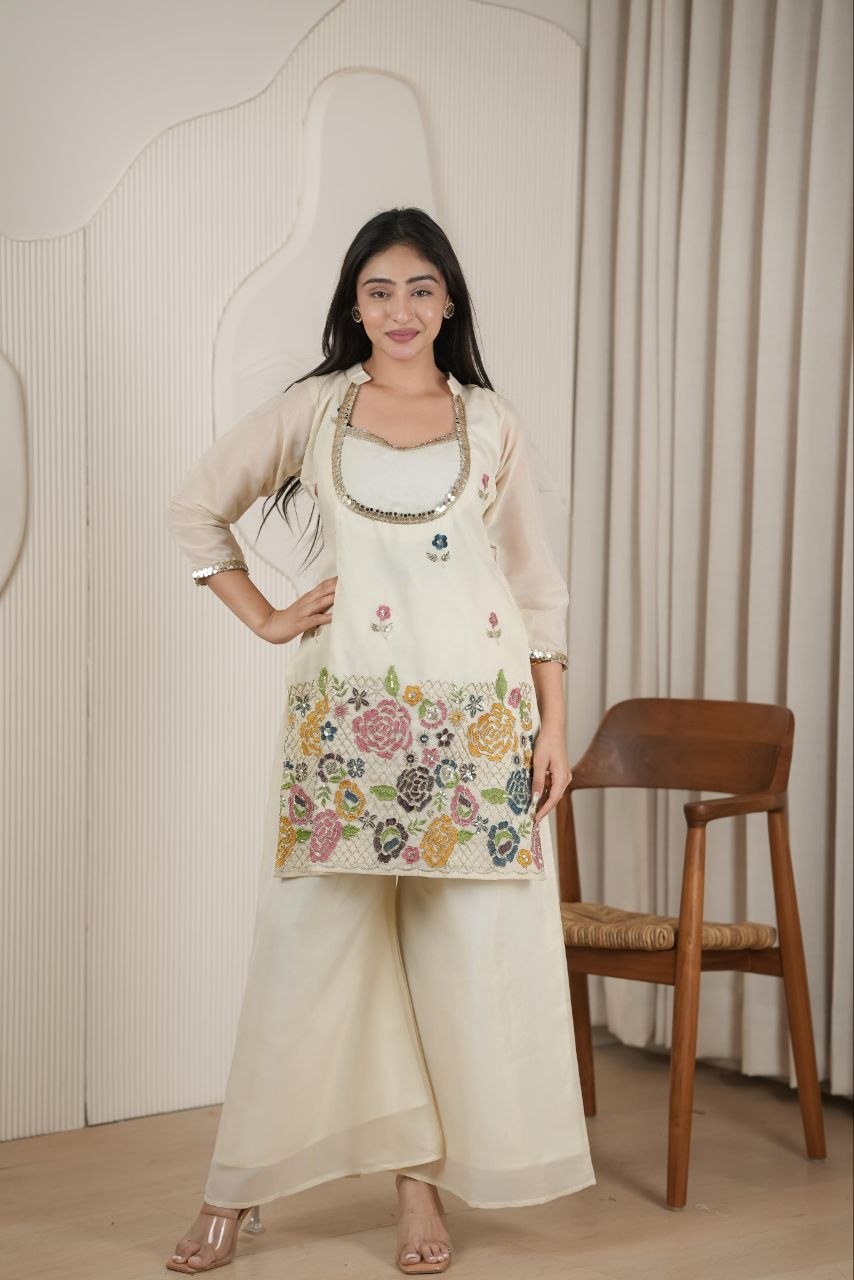 Elegant Floral Embroidered Kurta Palazzo Set