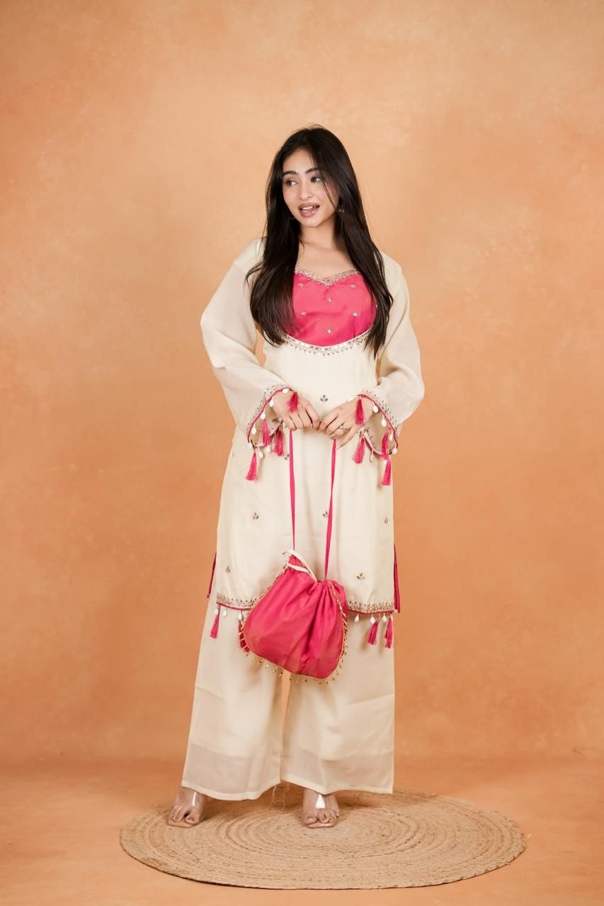 Royal Purple Embroidered Kurti Set With Potli Bag For Women