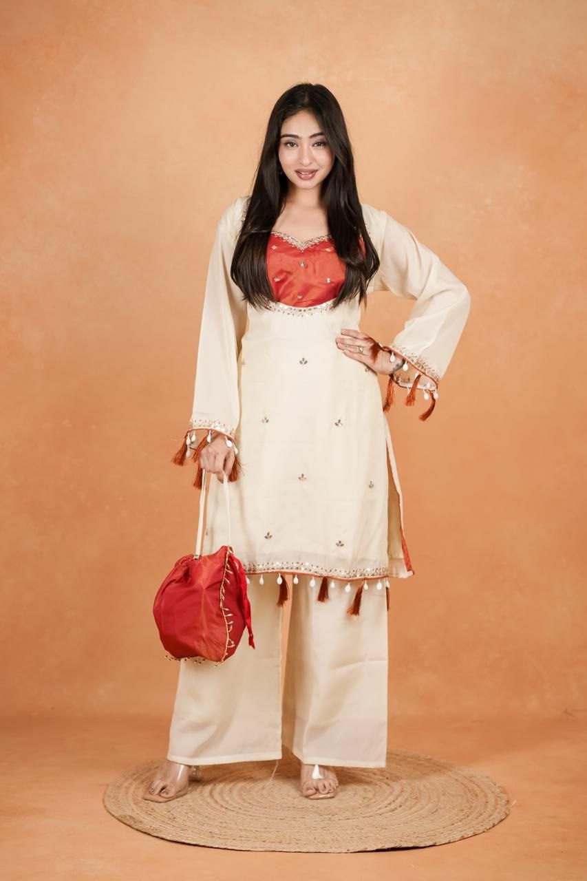 Royal Purple Embroidered Kurti Set With Potli Bag For Women