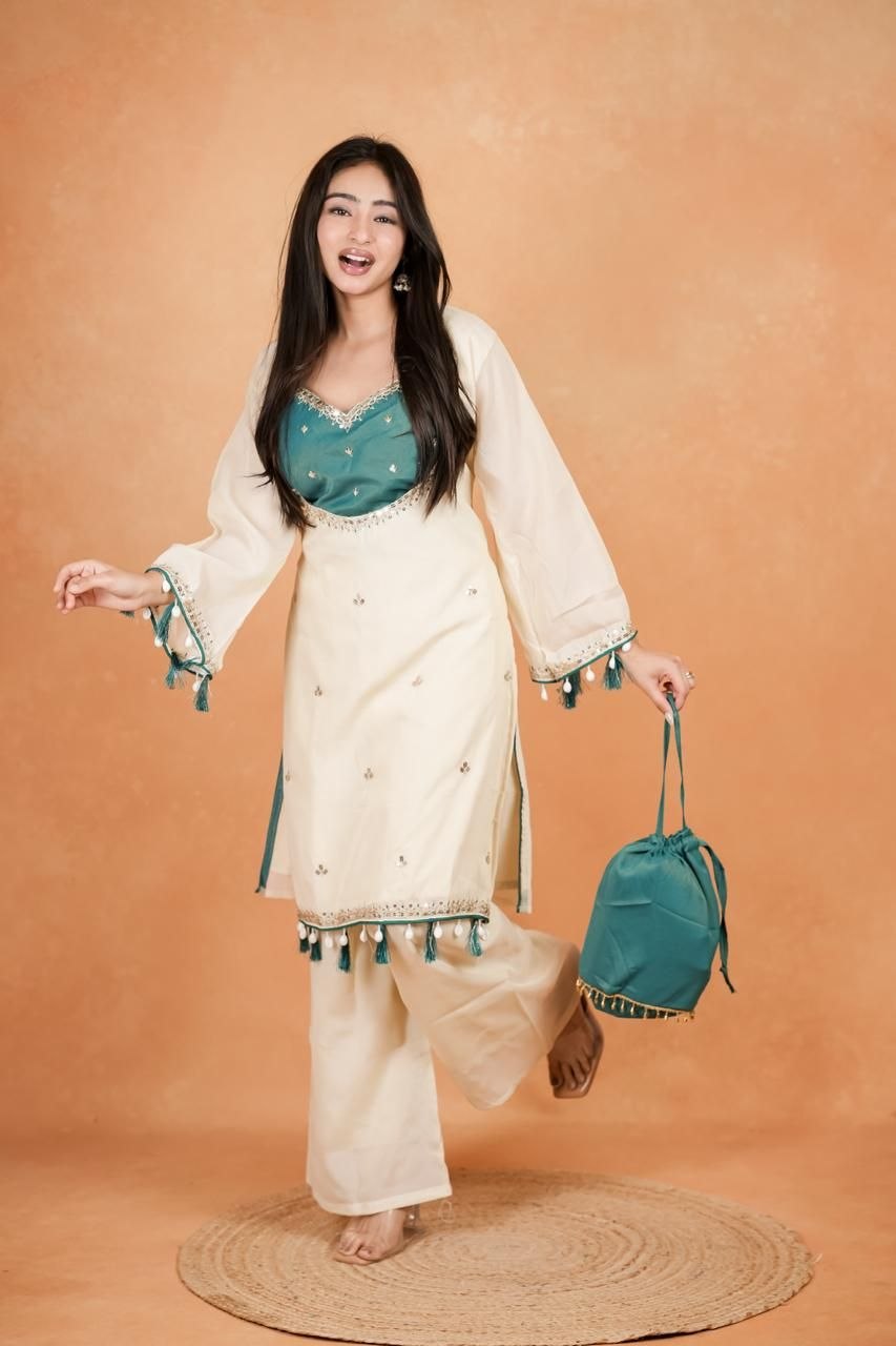 Royal Purple Embroidered Kurti Set With Potli Bag For Women