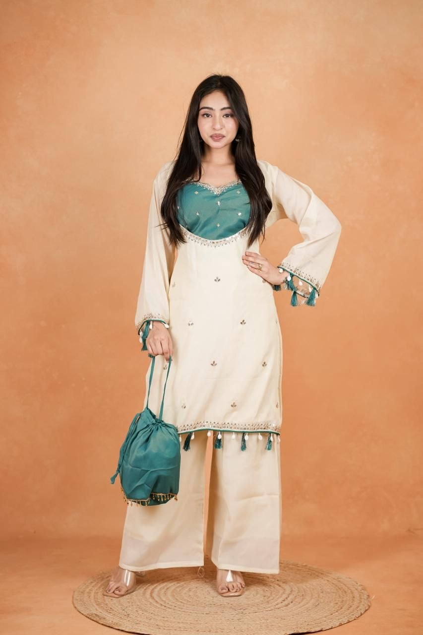 Royal Purple Embroidered Kurti Set With Potli Bag For Women