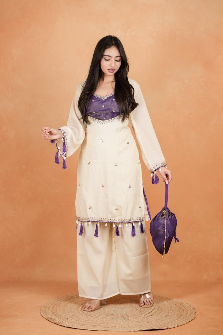 Royal Purple Embroidered Kurti Set With Potli Bag For Women