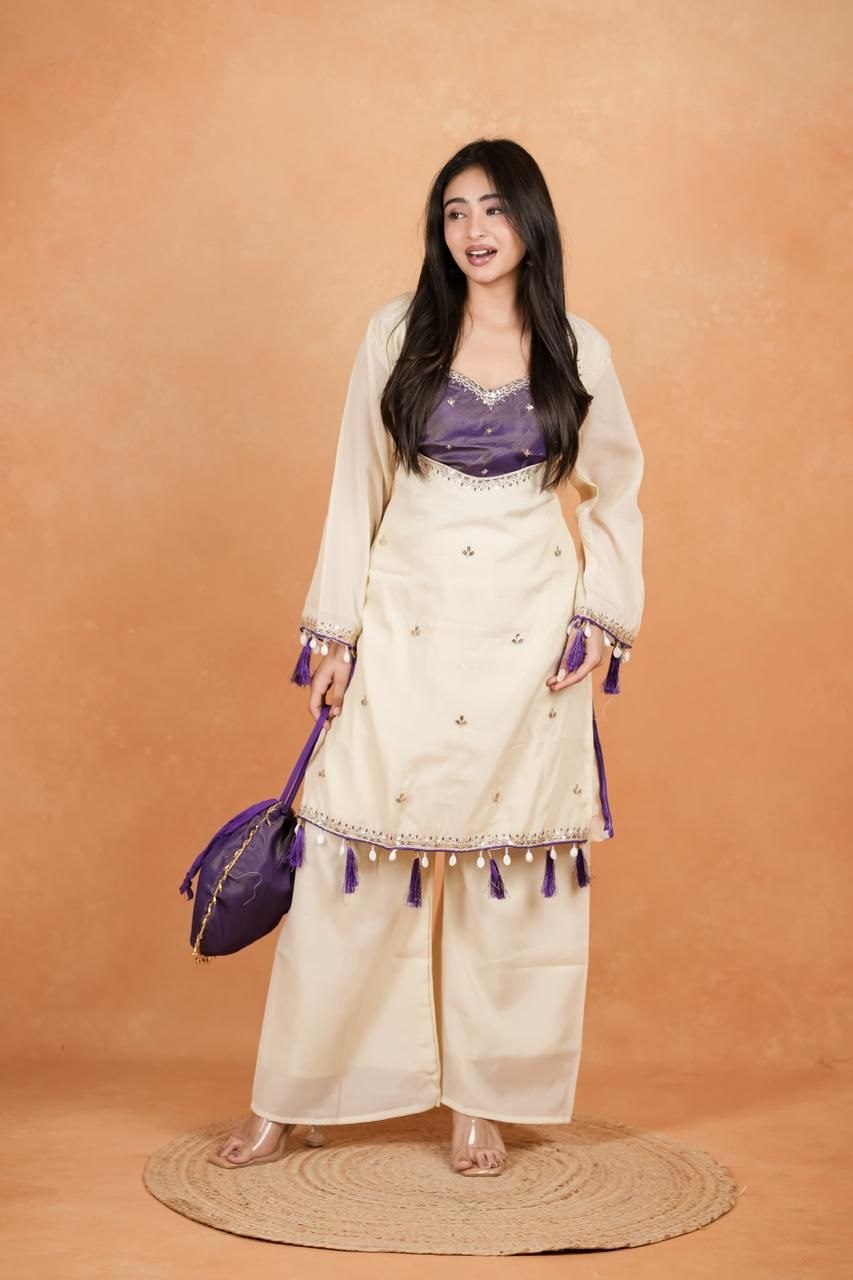 Royal Purple Embroidered Kurti Set With Potli Bag For Women