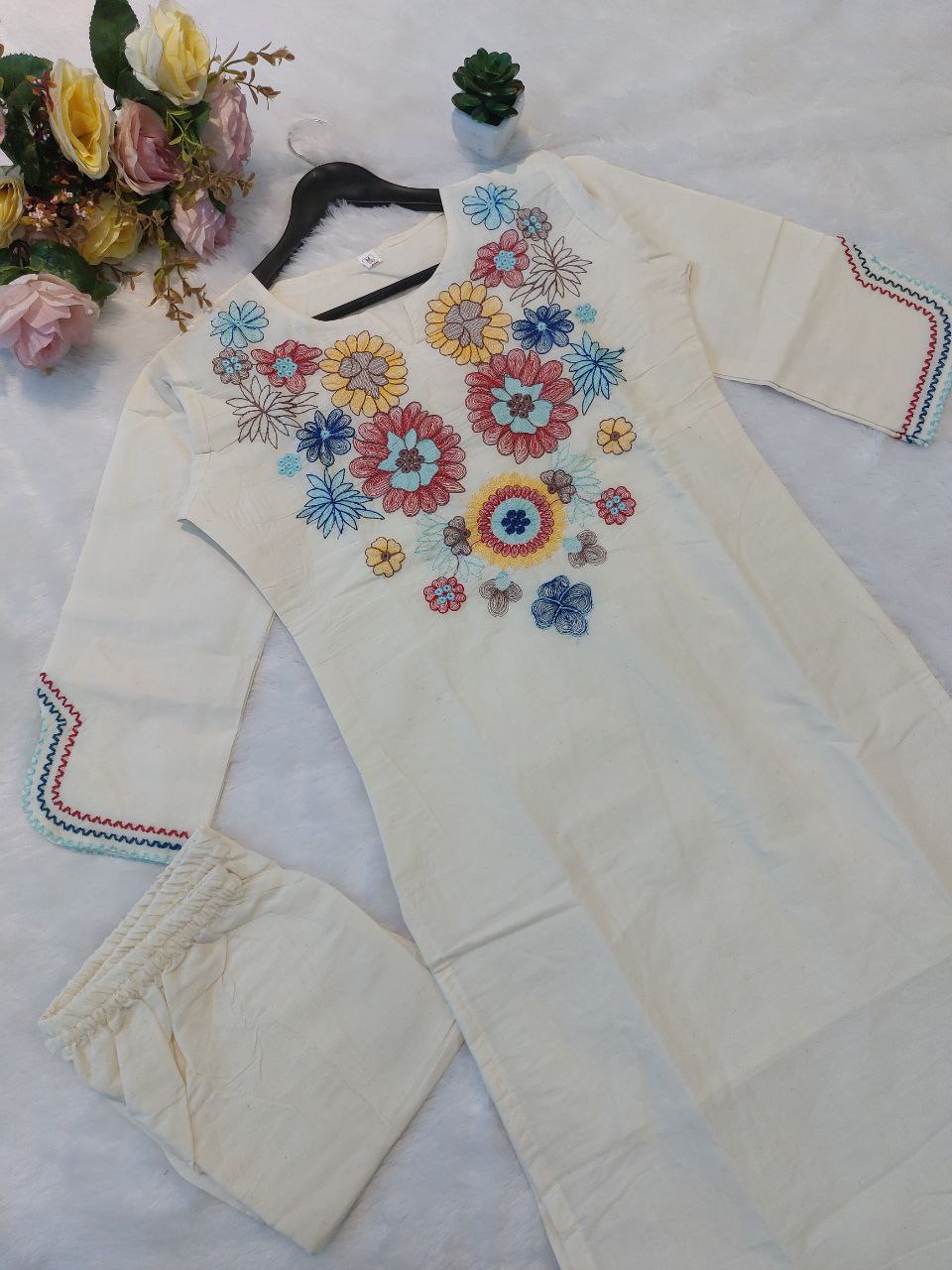 Ivory Embroidered Kurta Pant Set
