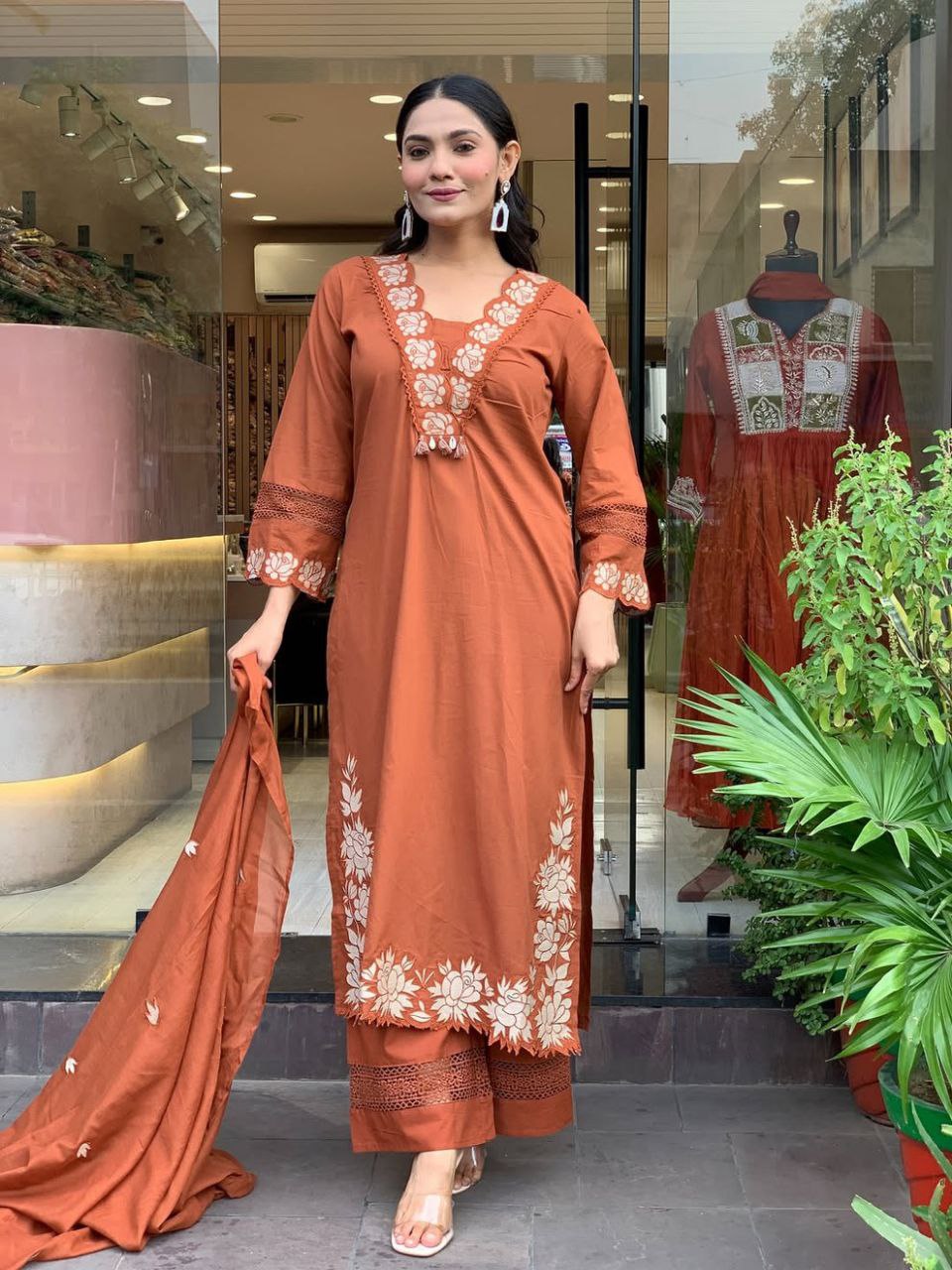 Rust Orange Embroidered Kurta Set With Dupatta