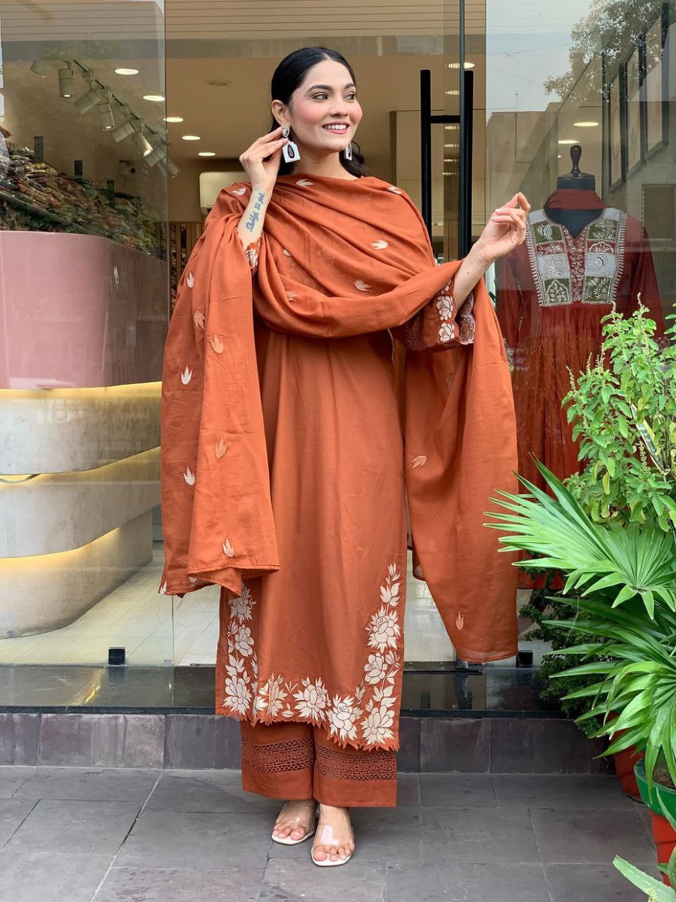 Rust Orange Embroidered Kurta Set With Dupatta