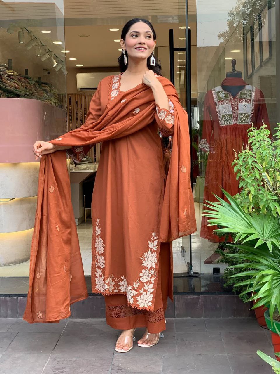 Rust Orange Embroidered Kurta Set With Dupatta