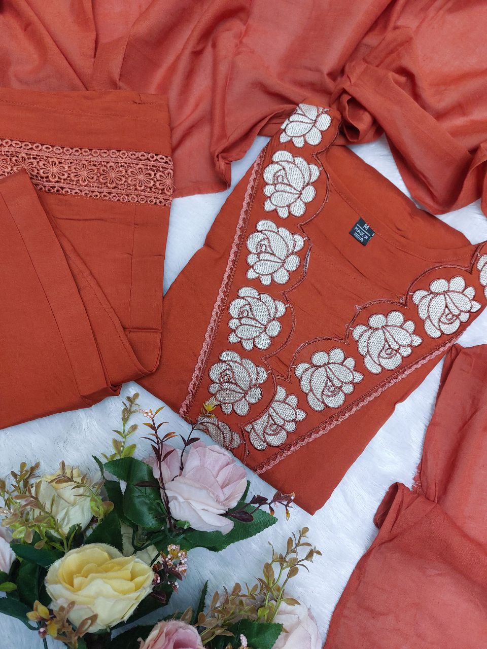 Rust Orange Embroidered Kurta Set With Dupatta
