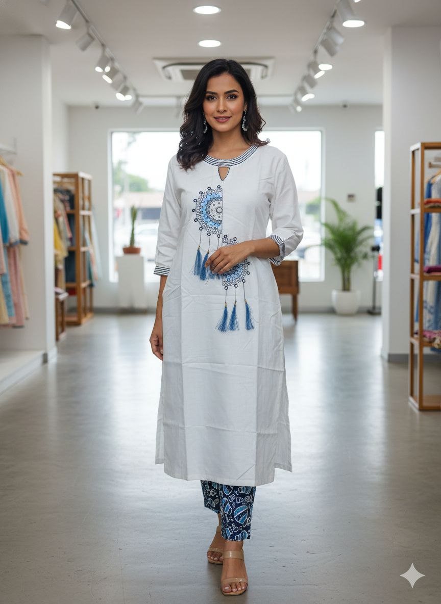 White Printed Kurta Set with Pants