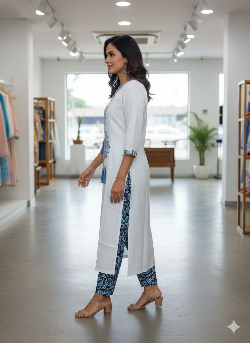 White Printed Kurta Set with Pants