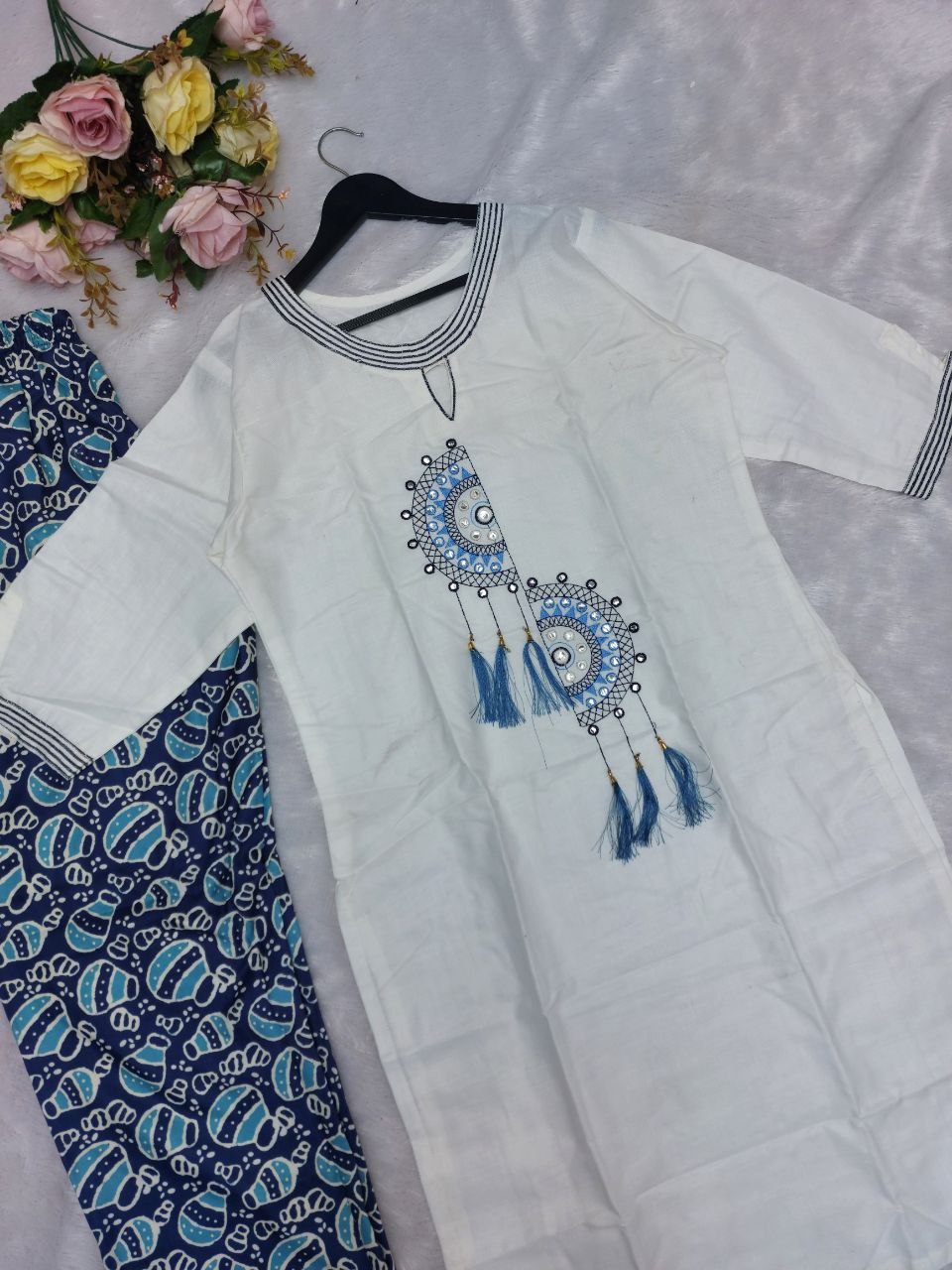 White Printed Kurta Set with Pants