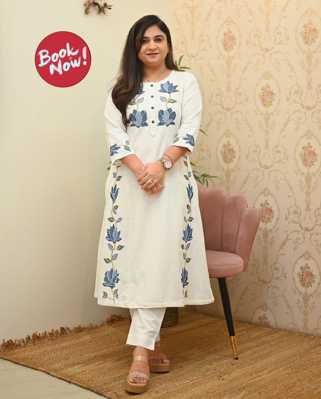 White Floral Printed Kurti Set