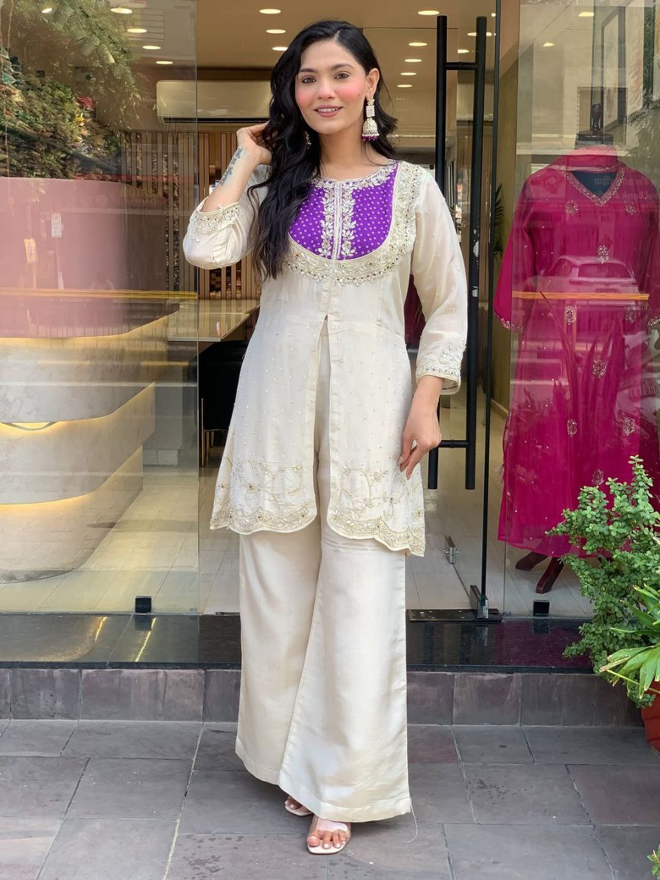 Ivory White, Purple, Pink  Embroidered Kurta Pant Set
