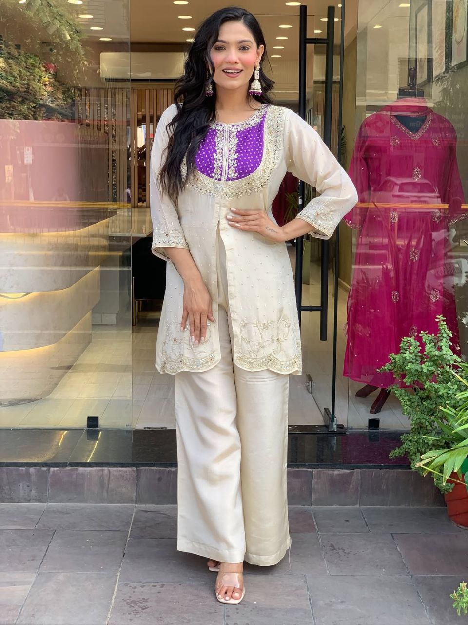 Ivory White, Purple, Pink  Embroidered Kurta Pant Set