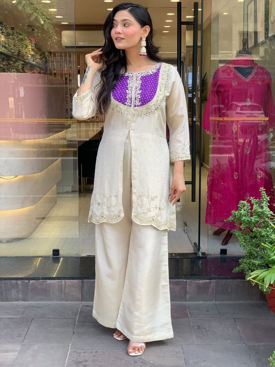 Ivory White, Purple, Pink  Embroidered Kurta Pant Set