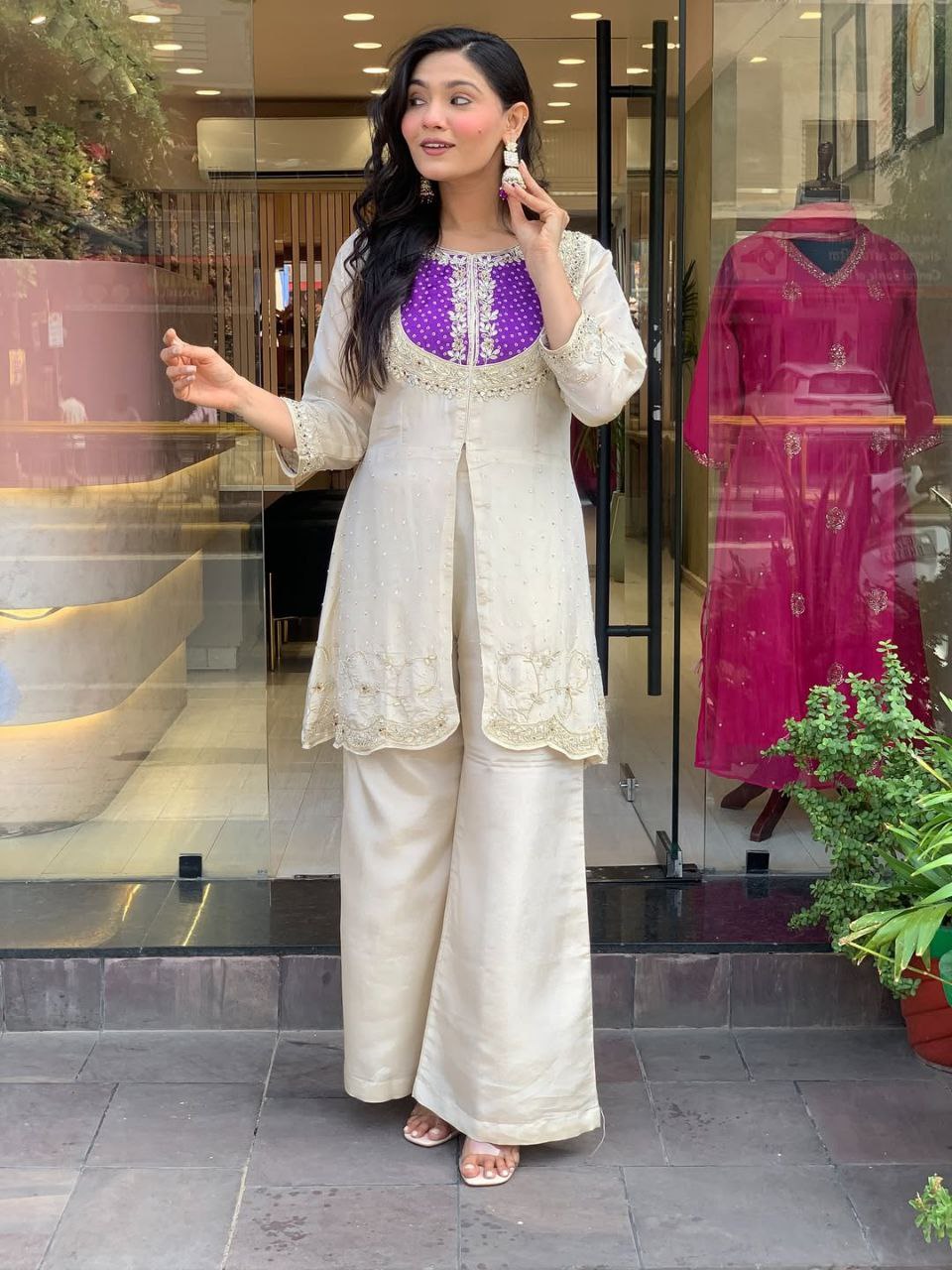 Ivory White, Purple, Pink  Embroidered Kurta Pant Set