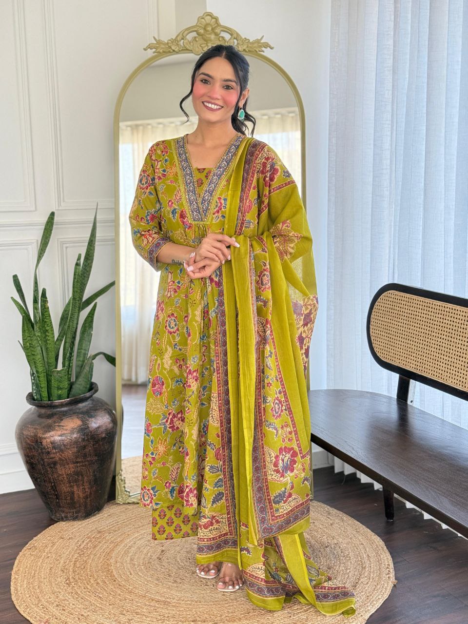 Lime Green Floral Printed Suit Set
