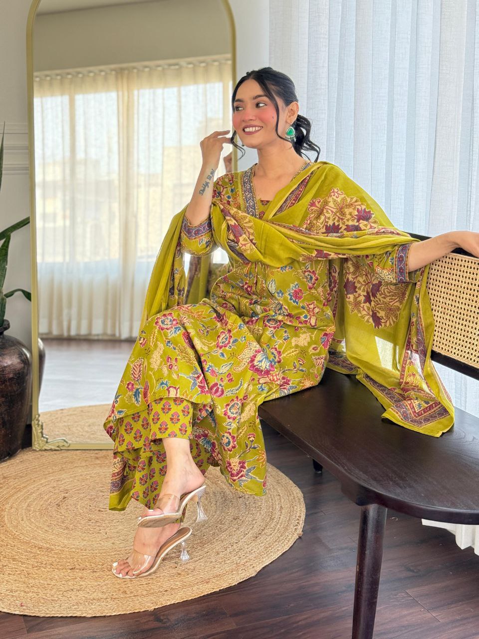 Lime Green Floral Printed Suit Set