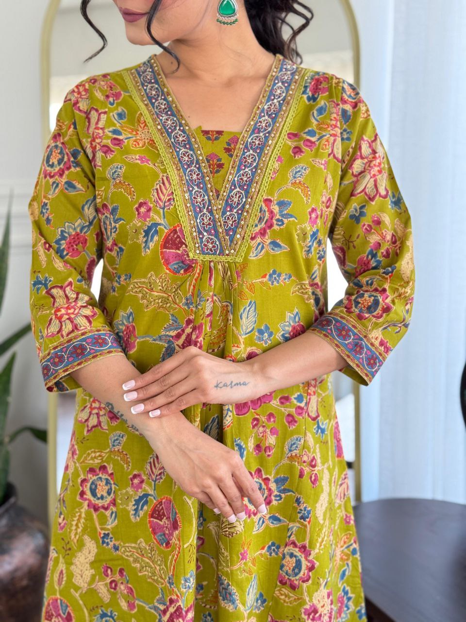 Lime Green Floral Printed Suit Set